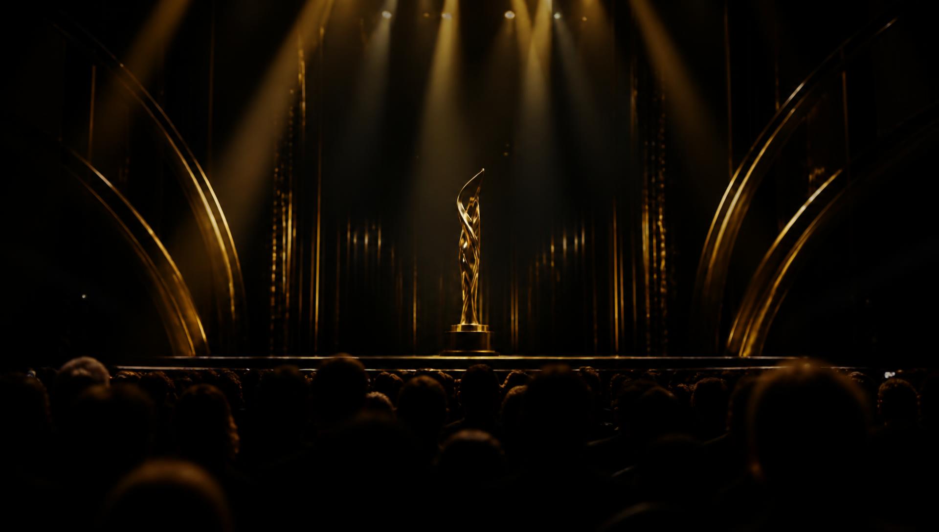 Palco de premiação iluminado por holofotes dourados